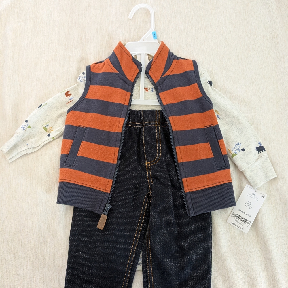 NWT Carter's Cozy Orange And Blue Vest With Shirt And Pants Size 6m Set of 3